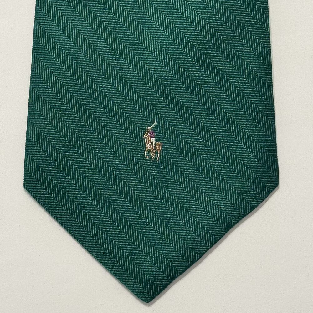 Vintage Polo Ralph Lauren Green Neck Tie Micro Flesh Pony Hand Made in USA